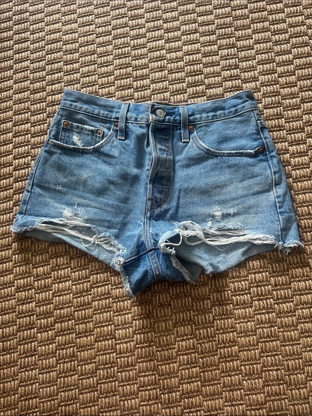 Levi's Distressed Light Blue High-Waist Jean Shorts